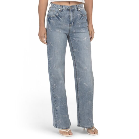 OAT NEW YORK Romantic Wash Bow Rhinestone Embellished Jeans - Picture 1 of 2